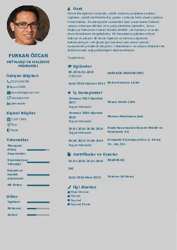 Metalürji Ve Malzeme Mühendisliği Cv Örnekleri cv indir